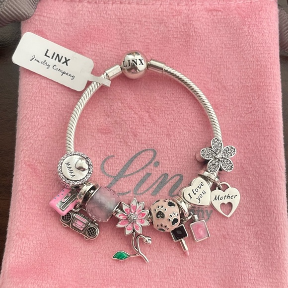 Linx Silver Snake Chain Bracelet with Pink Mom Themed Charms